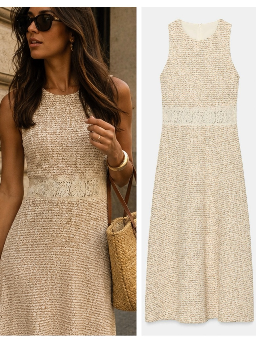 ZARA textured weave dress with lace detail